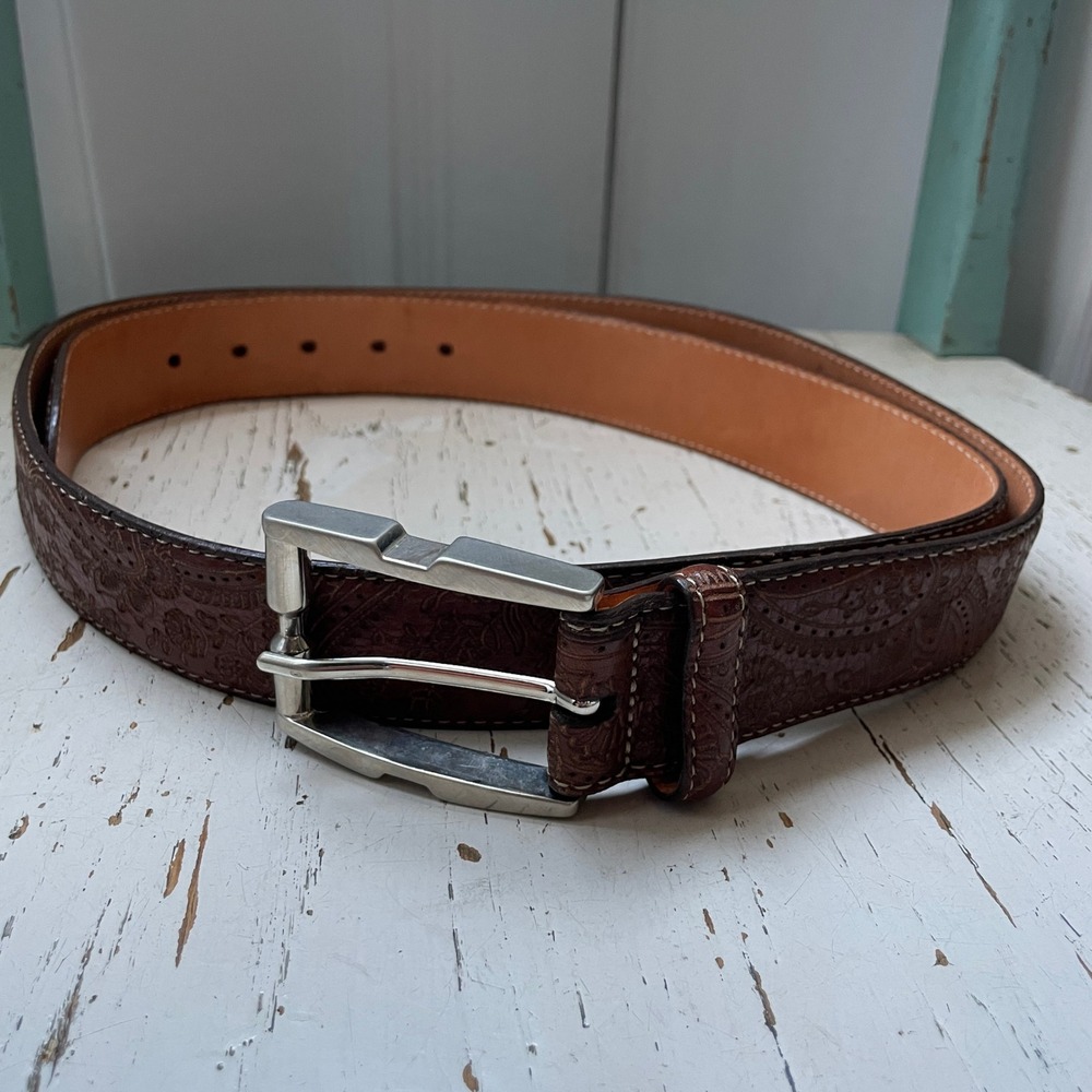 Martin Dingman Mens Brown Paisley Embossed Leather Belt 42 20121 Made in USA
